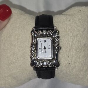 Brighton Daytona Watch Silver Tone Decorative‎ Bezel Black Leather Band